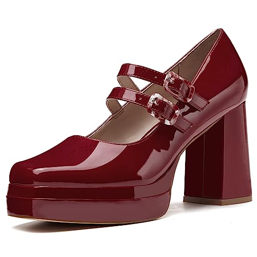Coutgo Women's Platform Mary Jane Pumps Two Strap Square Toe Chunky Block Heel Sandals Party Shoes