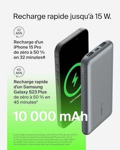 Belkin Batterie Externe 10000mAh, Chargeur Externe, 1 Port USB-C et 2 Ports USB-A, jusqu'à 15 W, câble USB-A vers USB-C, Batterie Portable, Power Bank pour iPhone, Galaxy, Pixel, iPad- Gris sidéral