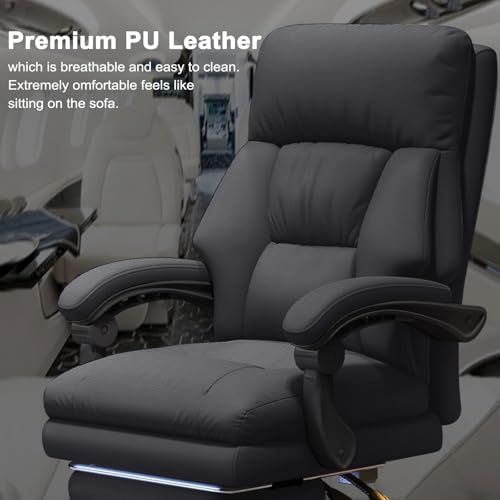 Image of Office Chair with Retractable Footrest Comfortable Executive Desk Chair, Heavy-Duty Ergonomic Leather Chair, Adjustable Height Computer Gaming Chairs for Home Office
