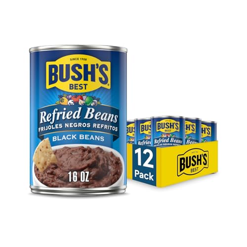BUSH'S BEST 16 oz Canned Black Refried Beans, Source of Plant Based Protein and Fiber, Low Fat, Gluten Free, (Pack of 12)
