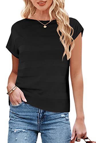 Jauoop Womens Cap Short Sleeve Sweaters Tops Summer Boat Neck Pullover Shirt Lightweight Knit Sweater Blouse Black #TOP2