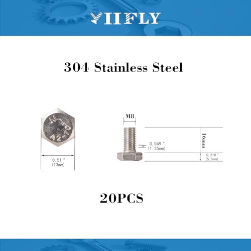 Image of M8x1.25 x 16mm Hex Head Screws Bolts, 304 Stainless Steel (A2-70), Bright Finish, Fully Threaded, Hexagon Head Bolts, Quantity 20