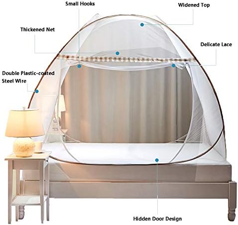 Folding Mosquito Net Bed Canopy Pop Up Foldable Dome Net Single Door Free Installation Insect Protection Screen (Light Coffee 150 x 200 x 150cm)
