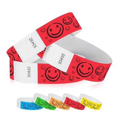 Image of 500 WristCo Neon Red Smiley Face Tyvek Wristbands for Events