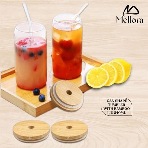 Image of MELLORA Can Shape Tumbler Glass with Straw & Wooden Lid | Leak-Proof, Portable | Ideal for Hot /Cold Coffee, Juice, Drinks | Travel-Friendly, Stylish Mug Sipper | Transparent - 540ml