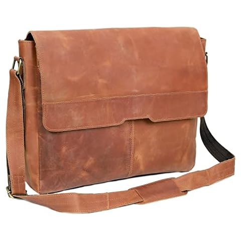 18 inch Vintage Leather Full Flap Messenger Handmade Bag Laptop Bag Satchel Bag Padded Messenger Bag School Brown, Brown, L Cover