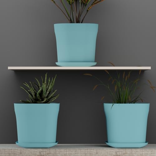 Image of StyleX Store Pack of 3 Square Plastic Flower Pot with Tray | Modern Indoor Outdoor Planter for Home Balcony Garden Office | Durable Lightweight Planter Pot | 6 Inch, Blue