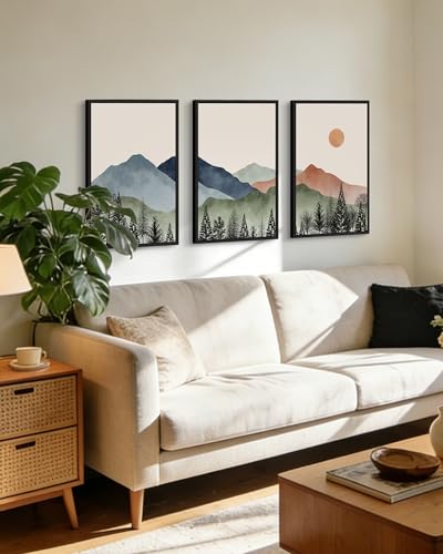 KUVIOKE Vintage Mountain Framed Wall Art Watercolor Nature Boho Sun Rise Paints Farmhouse Rustic Room Decor Ready to Hang 16x24in (Black Framed) — view 4