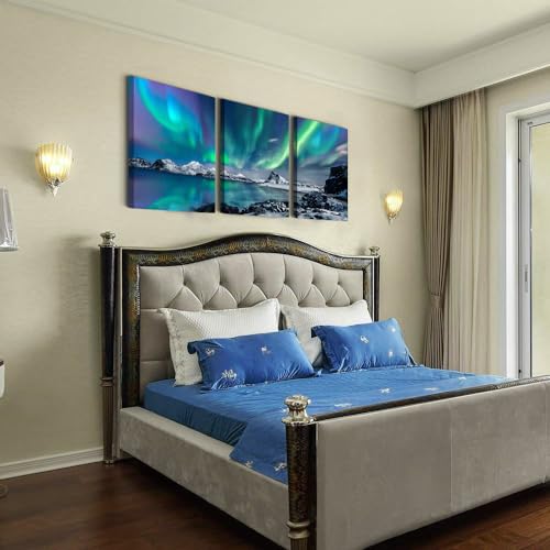 DZRWUBHS Canvas Wall Decorations For Living Room 3 Piece Stretched and Framed Canvas Paintings Office Wall Decor For Bedroom Bathroom Aurora Scenery Pictures Home Decor Print Artwork Ready To Hang