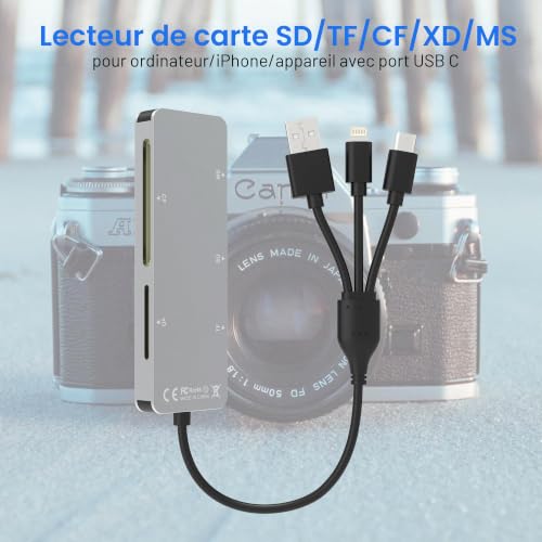 Adaptateur Memory Stick Pro Duo pour iPhone/Téléphone Portable/Ordinateur - Lecteur de Carte MS TF CF XD SD 5 en 1 en Aluminium, 3 en 1 USB 3.0 + Lightning + USB C Lecteur de Carte – vue 2