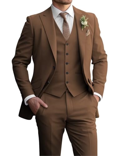TUXBURNTXZ Mens Brown Suit 3 Piece Slim Fit Prom Suits for Men Wedding Business Formal Dinner Tuxedos XXS