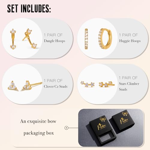 4 Pairs Stud Hoop Earrings Set for Women, Trendy Dangle Jacket Huggie Stacks for Multiple Piercing, Hypoallergenic Cartilage Jewelry Gifts3