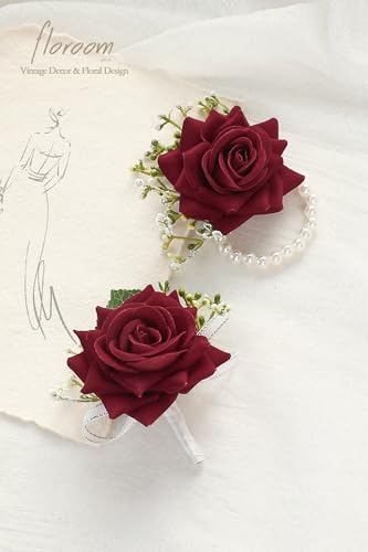 Floroom Burgundy Rose Wrist Corsage Red Wristlet Band Bracelet and Men Boutonniere Set for White Wedding Flower Accessories Prom Suit Decorations image 2