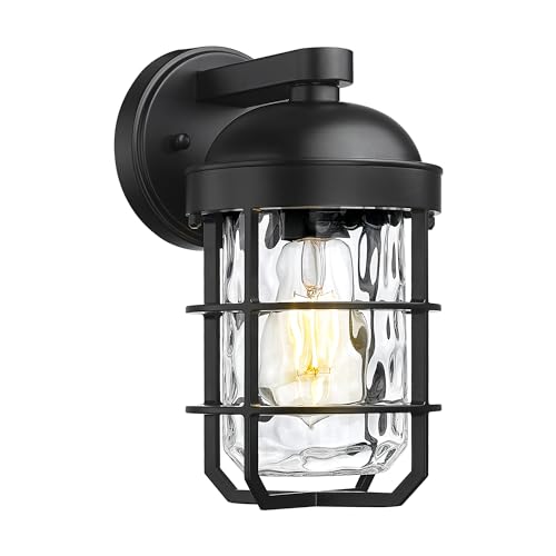 Image of Emliviar 1-Light Porch Wall Lantern with Metal Cage, Outdoor Sconce Wall Mounted Lighting with Water Ripple Glass, Matte Black Finish, GE255BL BK-WG