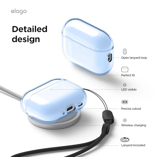 Image of elago Clear Case for AirPods Pro 3 | Lanyard Included, Strap Included, Reduced Yellowing, Shockproof, Full Protection (Aqua Blue)