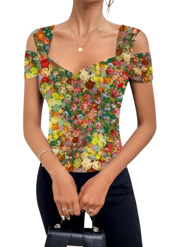 Image of Blingfit Cold Shoulder Tops Summer Tunic Shirts for Women T Shirts V Neck Short Sleeve Casual Tees Blouses 2026