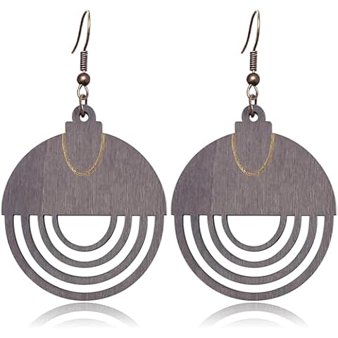 WUWEIJIAJIA Bohemian Hollowing Round Wooden Statement Dangle Drop Earrings Tribal Geometric Retro Handmade Wooden Hook Earrings of the Nation for Women (Light purple) Cover