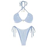 ZAFUL Women's Bikini Set Fishnet Triangle Tie Convertible Collar Halter Bandeau Shell Two Piece Bathing Suit Blue M