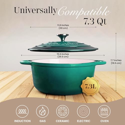 Image of Cast Iron Dutch Oven with Lid - Non-Stick Ovenproof Enamelled Casserole Pot- Sturdy Dutch Oven Cookware - Dark Green, 7.3-Quart, 30cm - by Nuovva