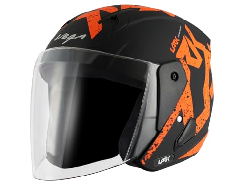 Vega Lark Victor ISI Certified Matt Finish Lightweight Open Face Helmet for Men and Women with Long Clear Visor (Dull Black Orange, Size:M)