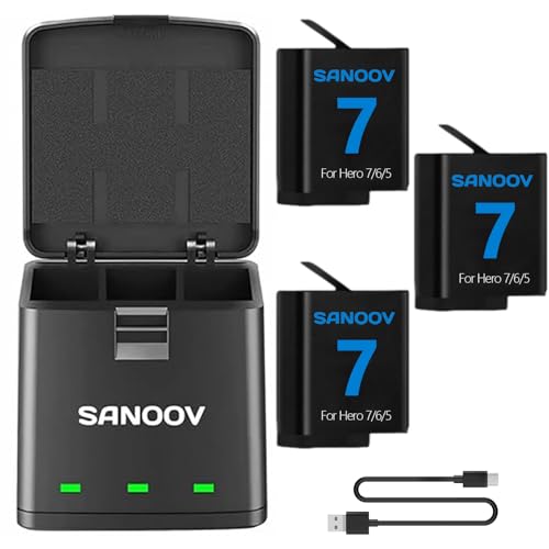 SANOOV Battery Charger Set for GoPro Hero 5/6/7 Black 3-Pack Batteries and 2-Slots Batteries Charger with Type-C Cable 1500mAh Large-Capacity