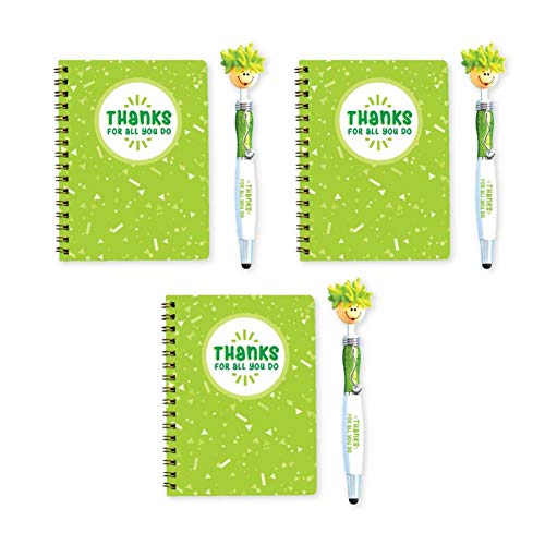 Cheersville 3 Pack 3-In-1Green Spiral Bound Lined Motivational Journal & Pen Set- 48 pages, 3.5" x 6.25"- Stylus and Screen Cleaner - Healthcare Gifts