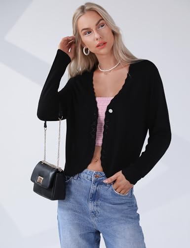 Totatuit Women's Crochet Cropped Cardigan Lightweight Long Sleeve Shrug Shell Edge Knit Bolero Button Down Sweater3