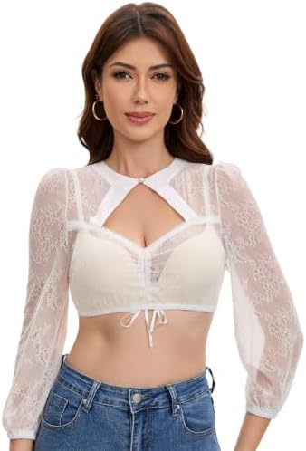 Trachtland Dirndl Bluse Damen Langarm Trachtenbluse Oktoberfest Elegant mit Knöpfen Brustband Spitze Größe 34-44