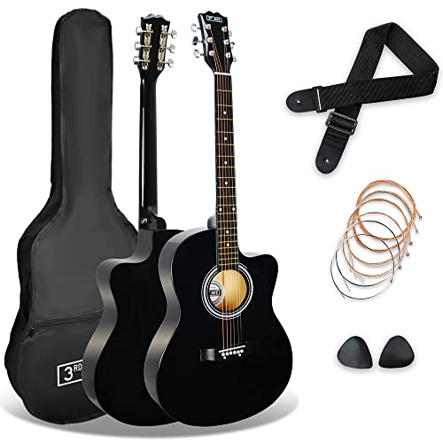 3rd Avenue Pack de guitarra acústica con cortadura de tamaño estándar 4/4 para principiantes de 3rd Avenue, funda de transporte, púas y cuerdas de repuesto, Negro