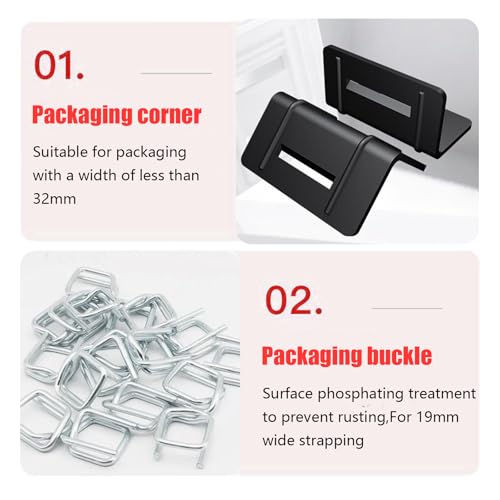 Manuelle Umreifungsgerät, Klebebandabroller Umreifungsband für Verpackung(100mx19mm Umreifungsband 100 Stück 19mm Phosphatknopf 20 Stück 32mm Verpackungsecke 1 Spanner)