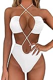 Womens High Waisted Bikini Set Bandage Lace Up Bathing Suit Cutout Push Up Strappy Halter Neck Swimsuit Criss Cross White