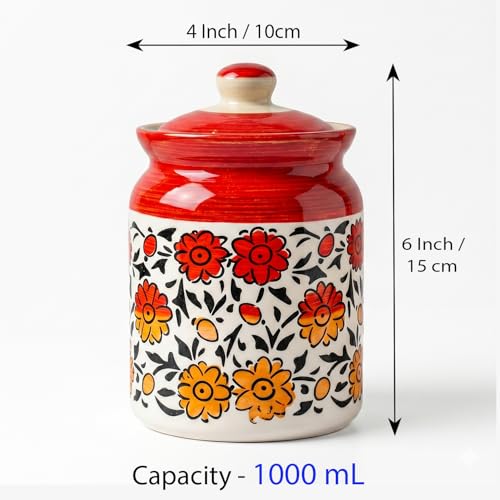 Image of Ceramic Handmade Pickle Jars in 1000ml (set of 2) | Handpainted Floral Bale 1 kg Achaar Martban | Ceramic Jadi for Kitchen Storage (Set of 2) | Jars for Achar, Spices, Salt (HandPainted Red Sunflower)