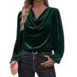 Vintage Velvet Tops for Women Casual Long Sleeve Stylish Shirt Cowl Neck Drape Ruched Front Christmas Party Blouse Green Plus Size Dressy Velvet Tops for Women M