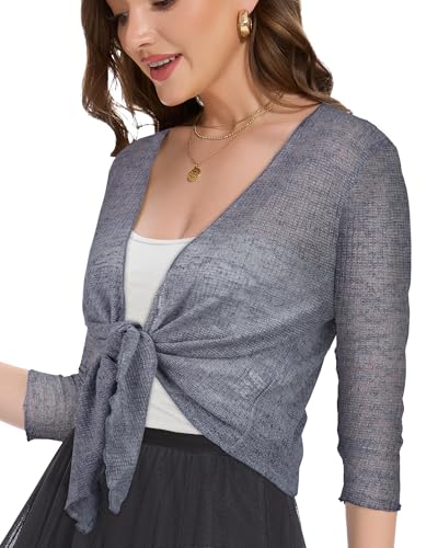 Image of Women Crop Cardigan Sheer Mesh Bolero Shrug for Dress Tie Front 3 /4 Sleeve Tops