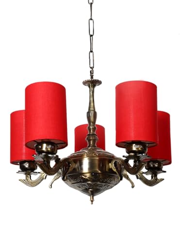 Image of Devansh 05 Lights Red Round Cotton Shade with Antique Golden Chandelier