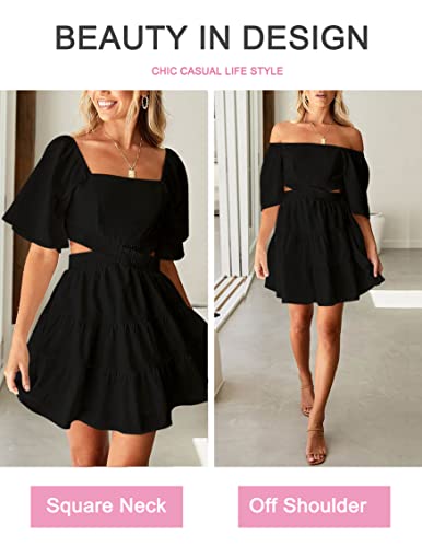 Women's Summer Dresses Square Neck Casual Short Sleeves Crossover Elastic Waist Party Mini Dress4