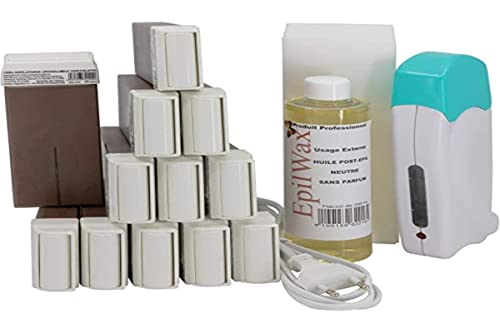 Epilwax Completa Kit Depilazione con Cera de chocolate - Incluye 12 Cartuchos de Cera Roll On Recambiables, Calentador De Cera Roll On, 100 Tiras y Aceite de Depilación Cover