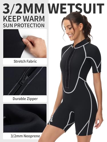 Owntop Traje de neopreno corto de 3/2 mm para mujer, con cremallera frontal, traje de neopreno para buceo, surf, manga corta, neopreno elástico para deportes acuáticos, mujer, negro, M - imagen 3