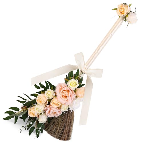 Wedding Broom DIY Jumping Broom for Wedding Ceremony 28 inch Tall Whisk with Artificial Roses/Green Leaves/Ribbons/Pearl