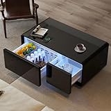 Smart Coffee Table with Fridge, 93L Refrigerated Drawers, Bluetooth Speakers & Wireless Charging, Modern End Table for Living Room with Glass Top, Black