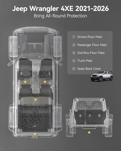 Image of 3W Floor Mats & Cargo Liner & Backrest Mats for Jeep Wrangler 4XE 2021-2025 2026 (Non JL /JK), All Weather TPE Rubber Heavy Duty Wrangler 4XE Accessories (Hybrid & 4 Door with Subwoofer)