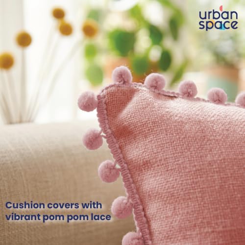 Image of Urban Space Cotton Cushion Cover Set of 5, 16 x 16 Inches, Decorative Throw Pillow Covers with Pom Pom, Printed Sofa Cushion Covers for Living Room, Home Decor (CC1, 40Cm x 40Cm, Set of 5)
