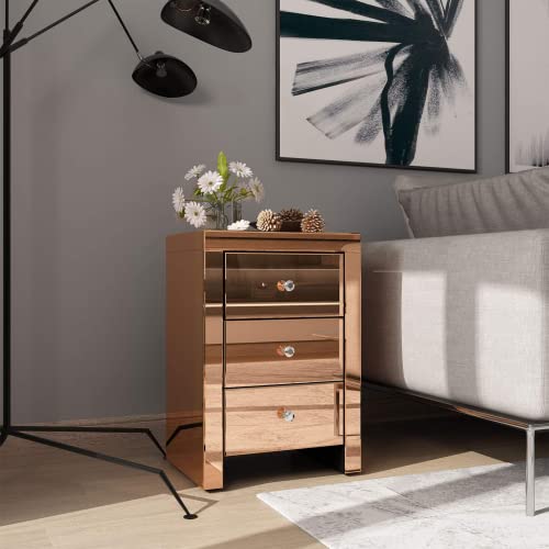 Alohappy Mirrored End Table With 3 Drawers， Rose Gold Finished Bedside Nightstand，Accent Side Table Cabinet For Bedroom, Dressing Room And Living Room (Rose Gold) #TOP6