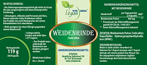 VITA IDEAL Vegan® Weidenrinde 360 Kapseln - Salicis alba Cort - Tagesportion 460mg Weiden Rinde reines Pulver. Nnatürlich, pflanzlich und ohne Zusatzstoffe, original von VITAIDEAL.