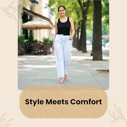 Image of Happy Bunny Parallel Pants for Women 100% Cotton Ankle Length Trousers Regular Fit with Elastic Drawstring Stylish & Pockets Casual Formal Wear for Office & Home