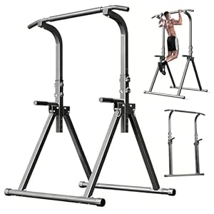 Foldable Power Tower Pull Up & Dip Station, Free Standing 6-Level Adjustable 175–210 cm, Stable Triangular Base, Space-Saving Home Gym Equipment
