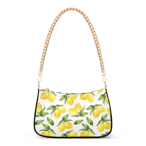 Image of Shoulder Bags for Women Vintage Yellow Lemon Fruit and Blue Print Hobo Tote Handbag Small Clutch Purse with Zipper Closure