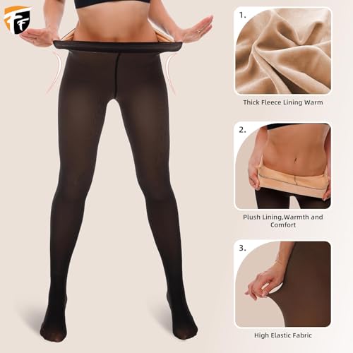 Image of FF Fleece Lined Tights Women Leggings Thermal Pantyhose Fake Translucent Opaque High Waisted Winter Warm Sheer Tight (Waist Size: 26 to 34Inch Stretchable) - Free Size