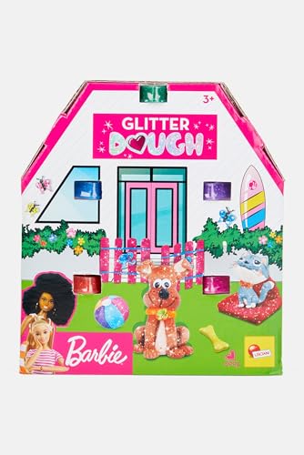Lisciani - Barbie Pâte à modeler avec paillettes - 5 Pots en forme de cœur - Loisirs Créatifs - Moules Inclus - Pour les Filles à partir de 3 ans