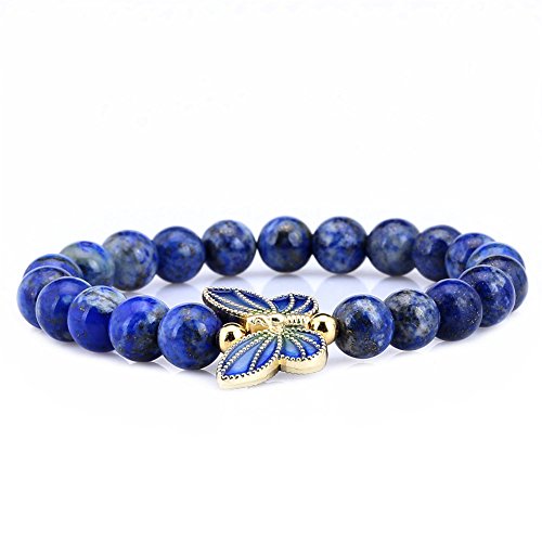 Gem Stone King 8Mm Simulated-Lapis Lazuli Sterling Silver Cloisonne Enamel Butterfly Bracelet For Women #TOP1